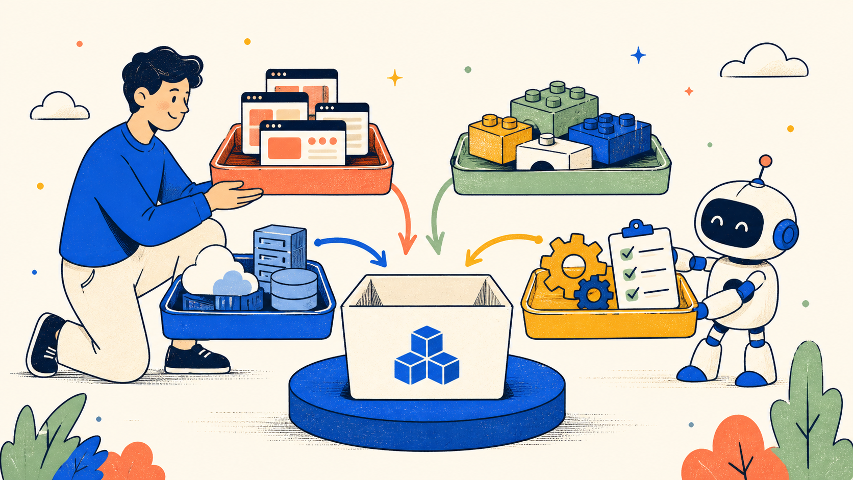 A human and an agent organize product, framework, platform, and tooling components into one repository.