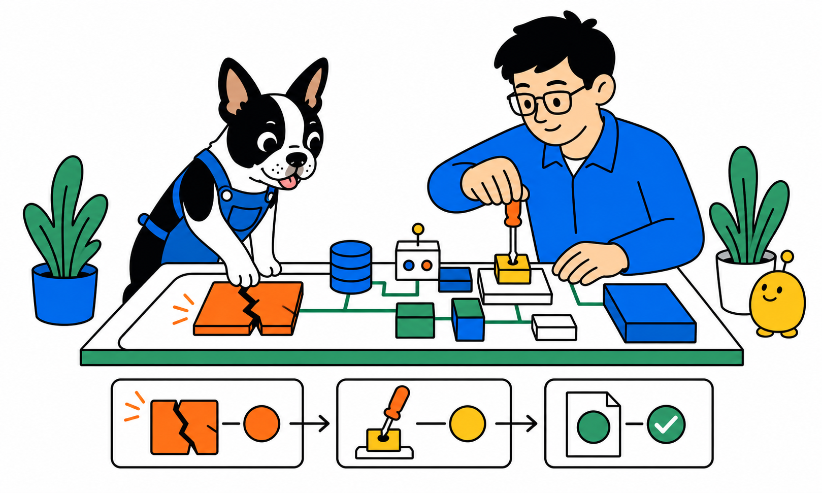 A Boston terrier helping an engineer practice a system repair