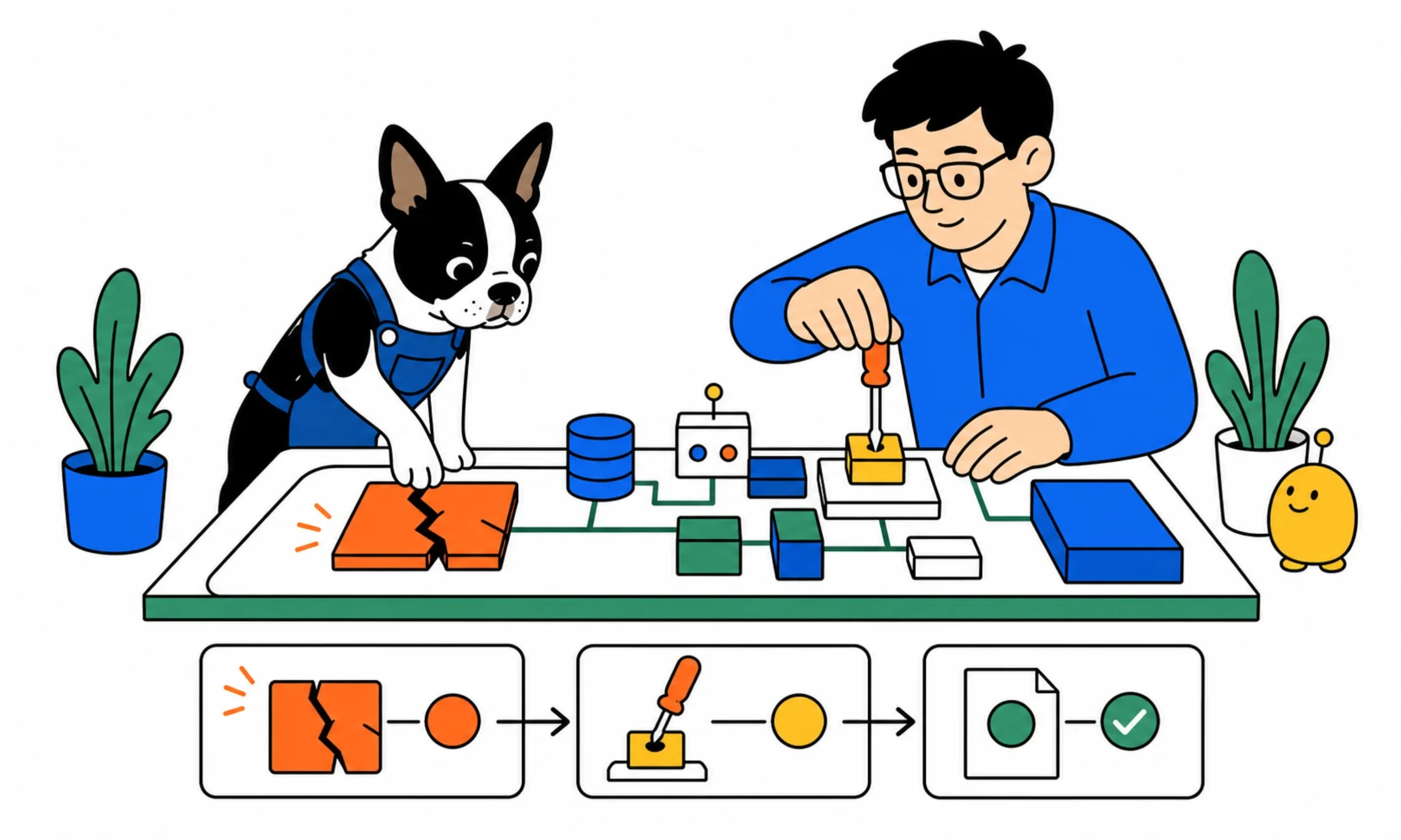 A Boston terrier and an engineer practicing a system repair and reviewing evidence