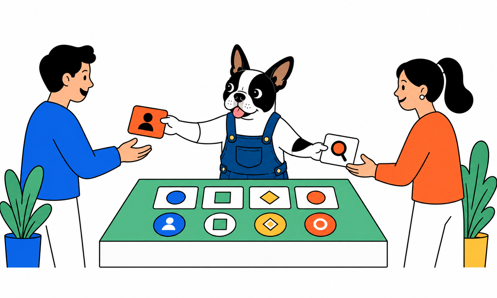 A Boston terrier helping two people exchange work cards