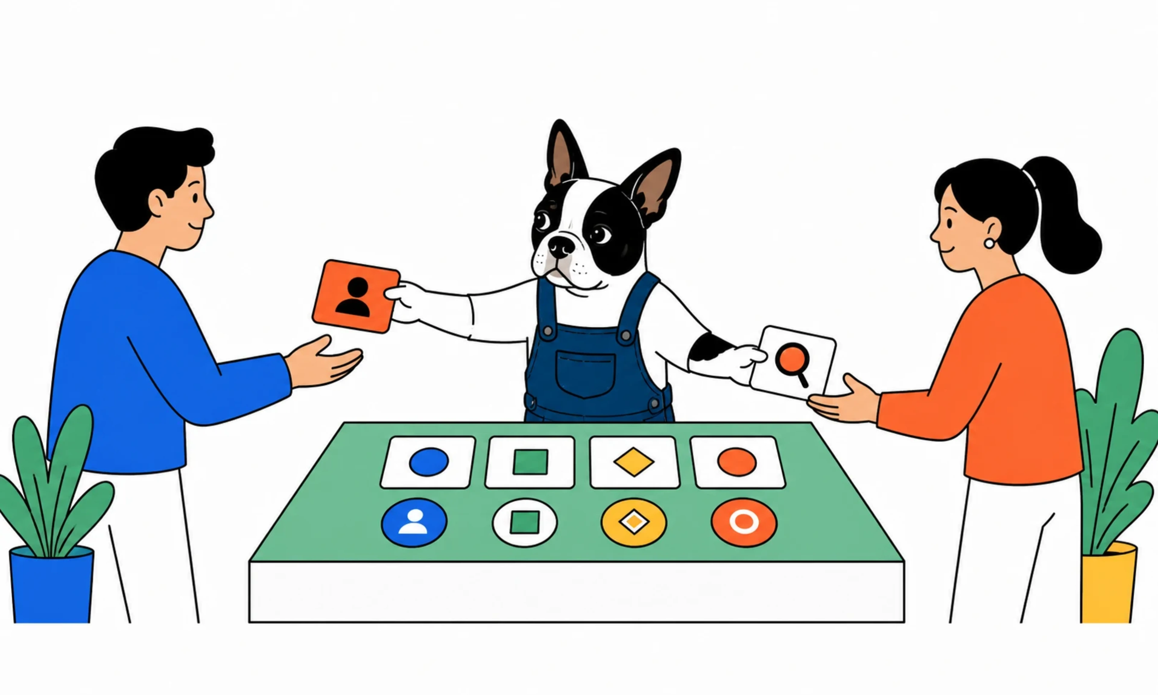 A Boston terrier coordinating prompt and evidence cards between two people