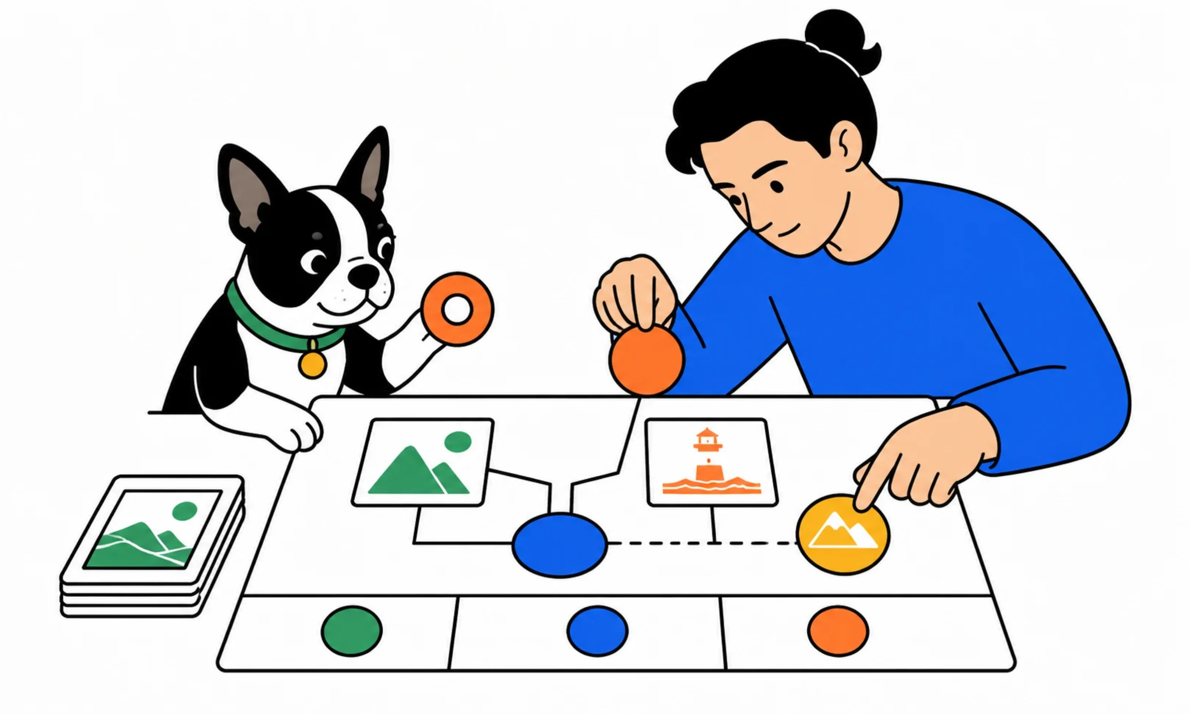 A Boston terrier and a person connecting decisions to source evidence
