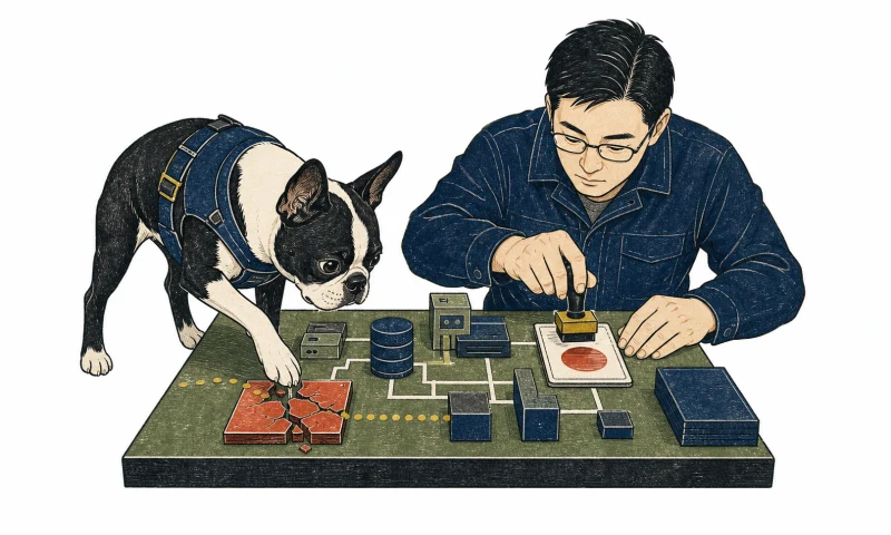 A Boston terrier and an engineer practicing a system repair and reviewing evidence