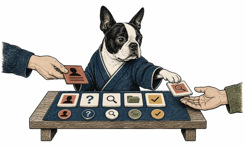 A Boston terrier coordinating prompt and evidence cards between two people